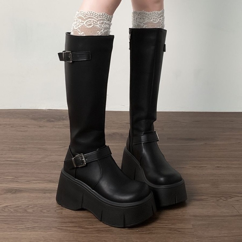 Leather Classic Strap - Clássico preto botas femininas altura crescente